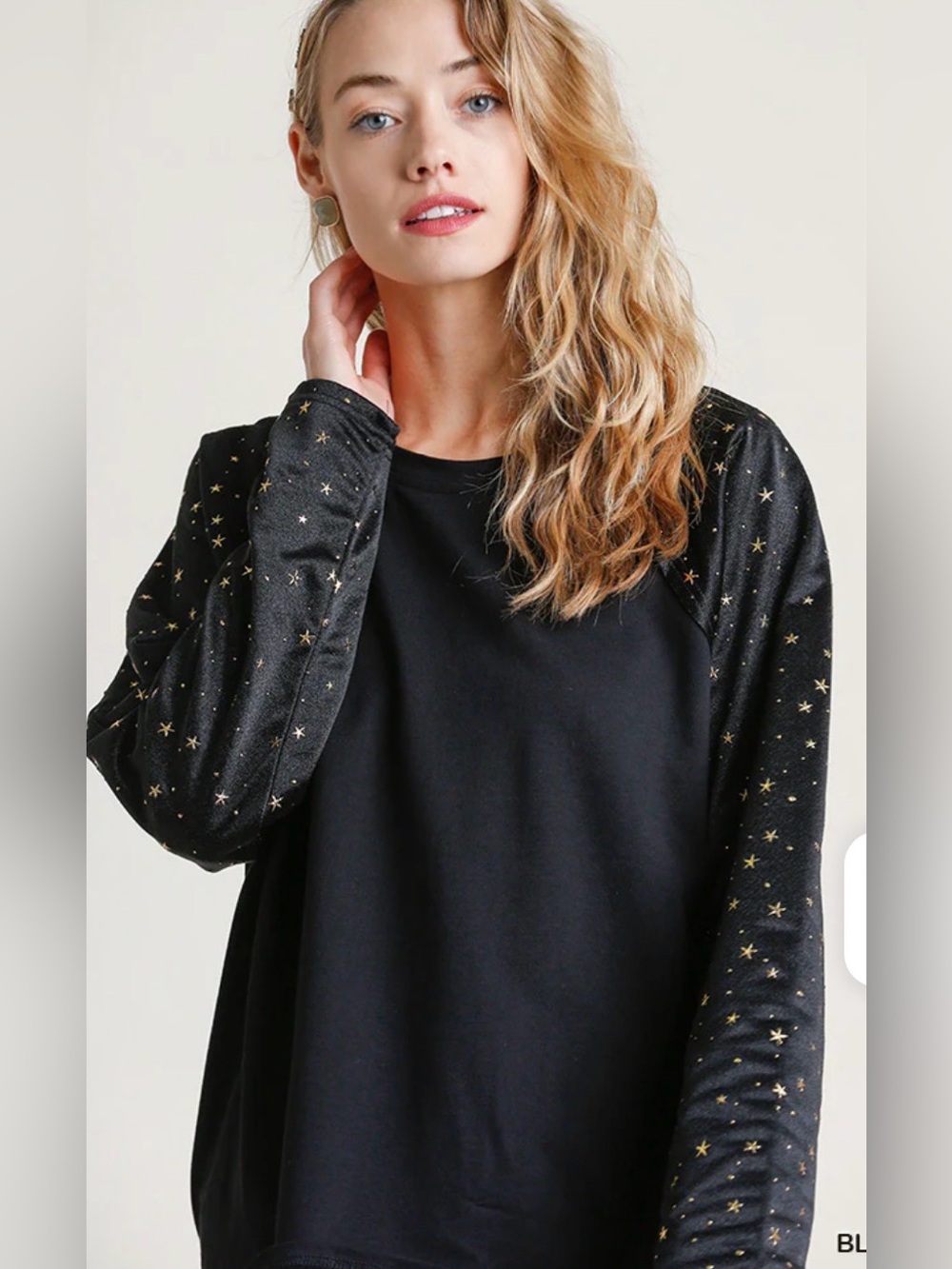 Umgee Black Gold Star Mesh Sleeve Top Size Small